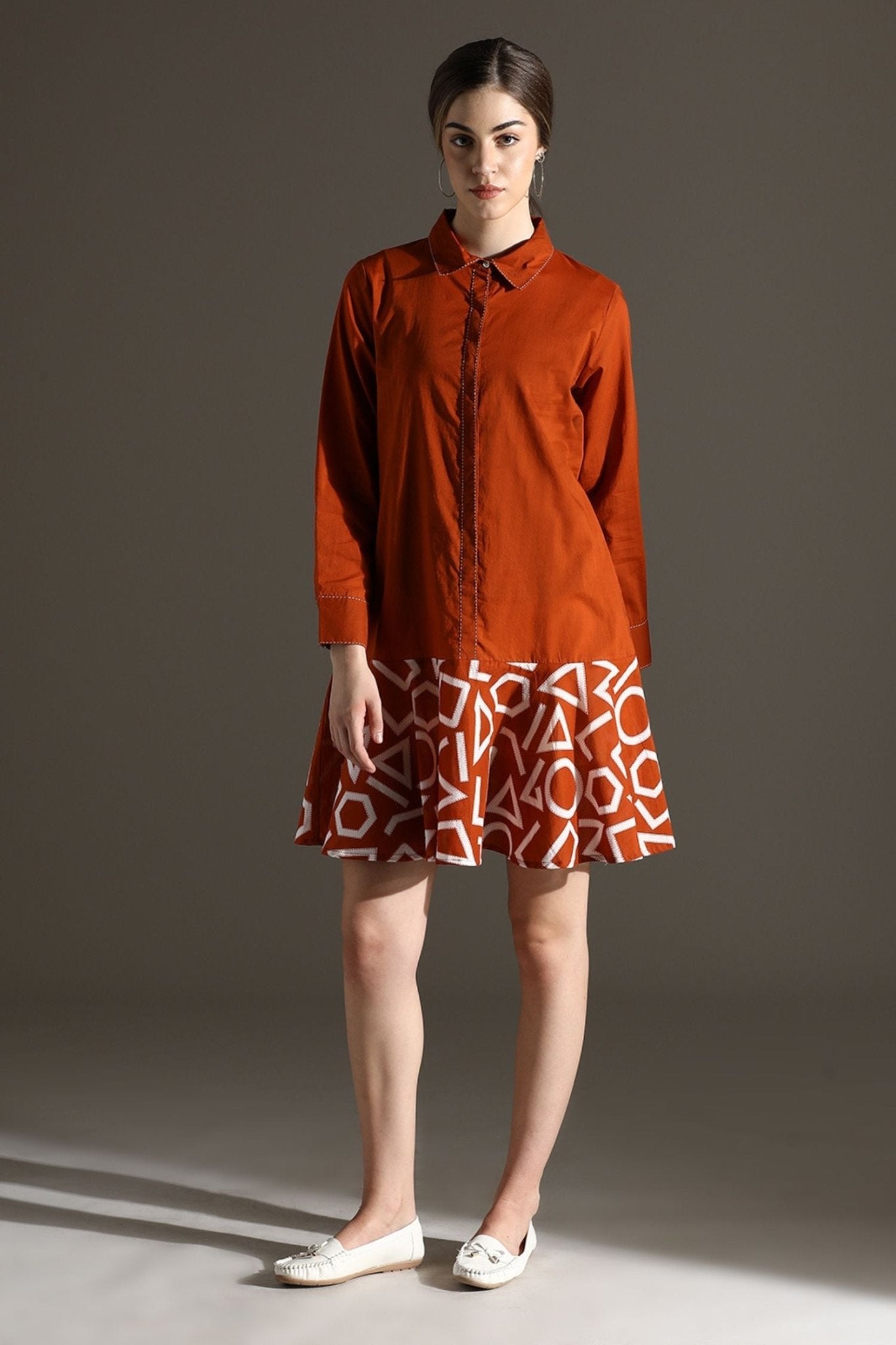 Orange Collared Print Style Tunic - Freyaa USA & Canada