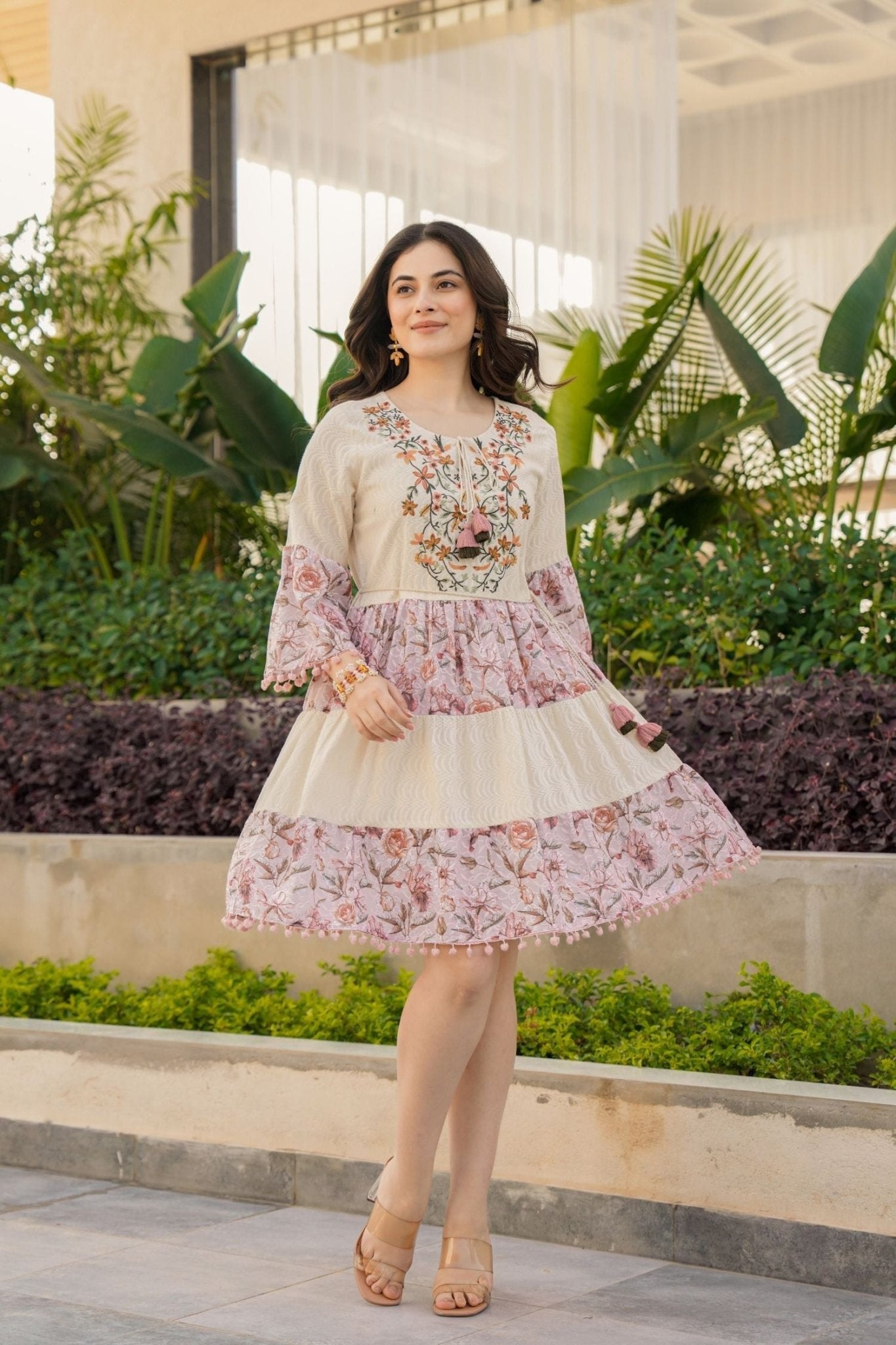 Cream Cotton Round-Neck Tunic with Two-Tone Fabric and Floral Design - Freyaa USA & Canada