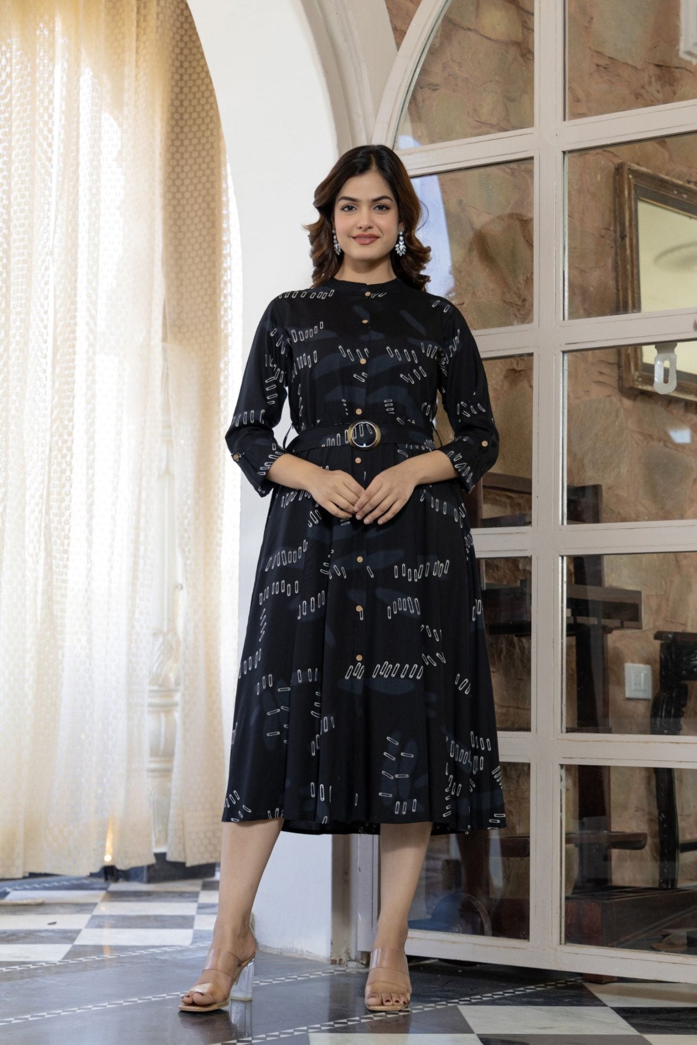Long Shirt Dress with Belt and Bold Safety Pin Pattern - Freyaa USA & Canada