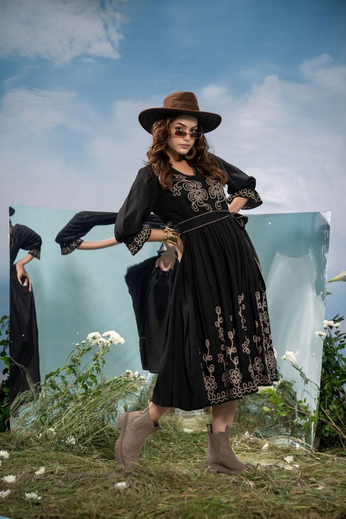 Black Long Dress with Elegant Thread Embroidery & Belt - Freyaa USA & Canada
