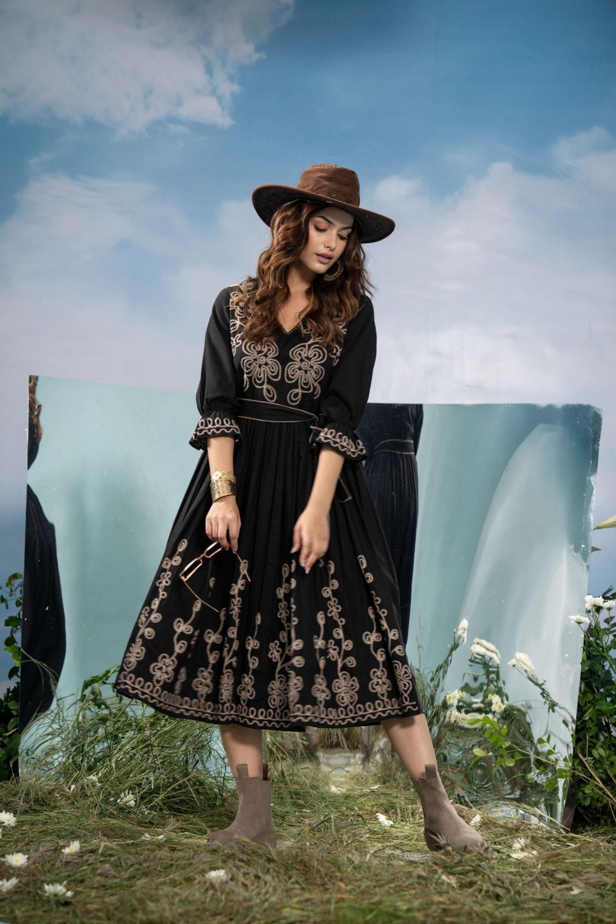 Black Long Dress with Elegant Thread Embroidery & Belt - Freyaa USA & Canada