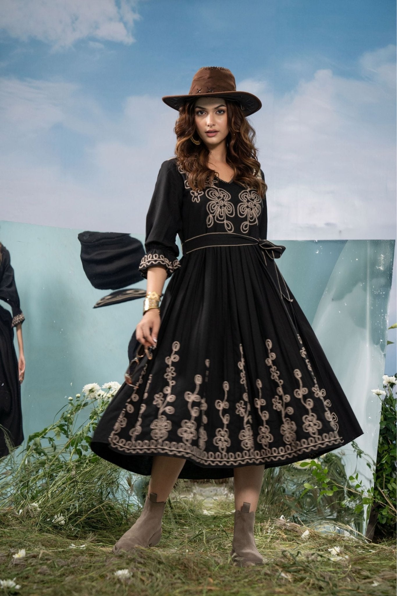 Black Long Dress with Elegant Thread Embroidery & Belt - Freyaa USA & Canada