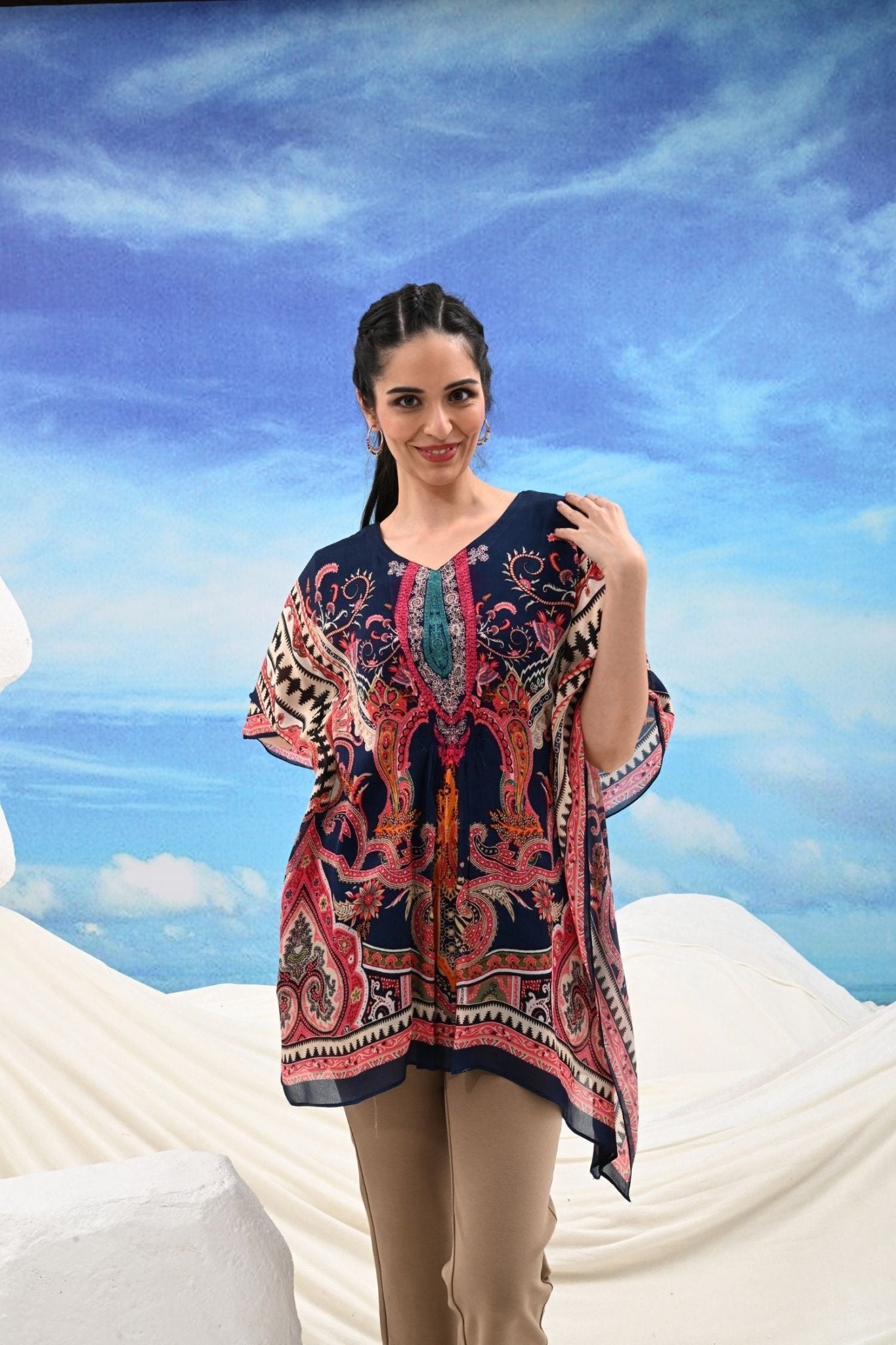 Blue Short Viscose Kaftan with Flowing Silhouette - Freyaa USA & Canada