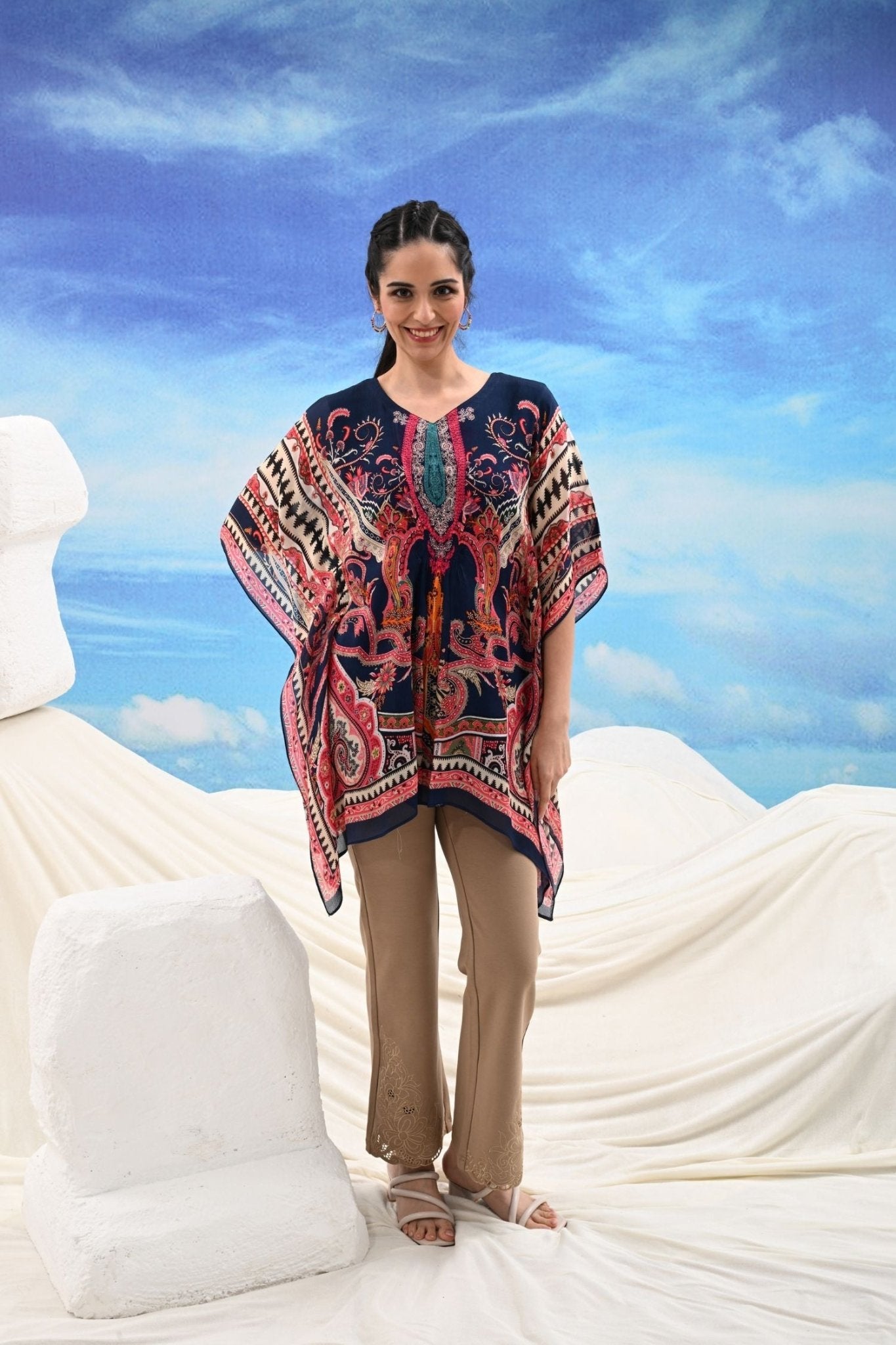 Blue Short Viscose Kaftan with Flowing Silhouette - Freyaa USA & Canada