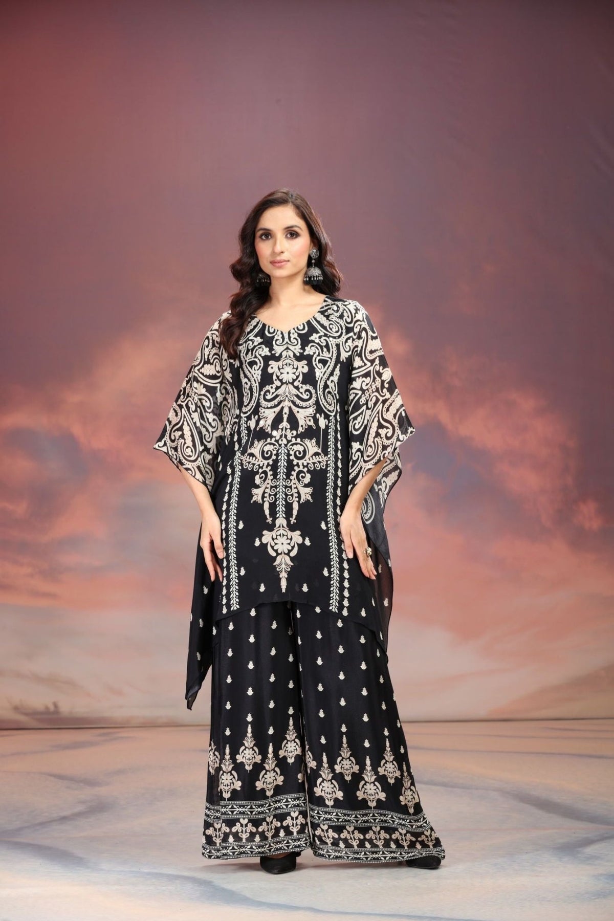 Black Sharara-Style Two-Piece Cord Set with Detailed Embroidered Design - Freyaa USA & Canada