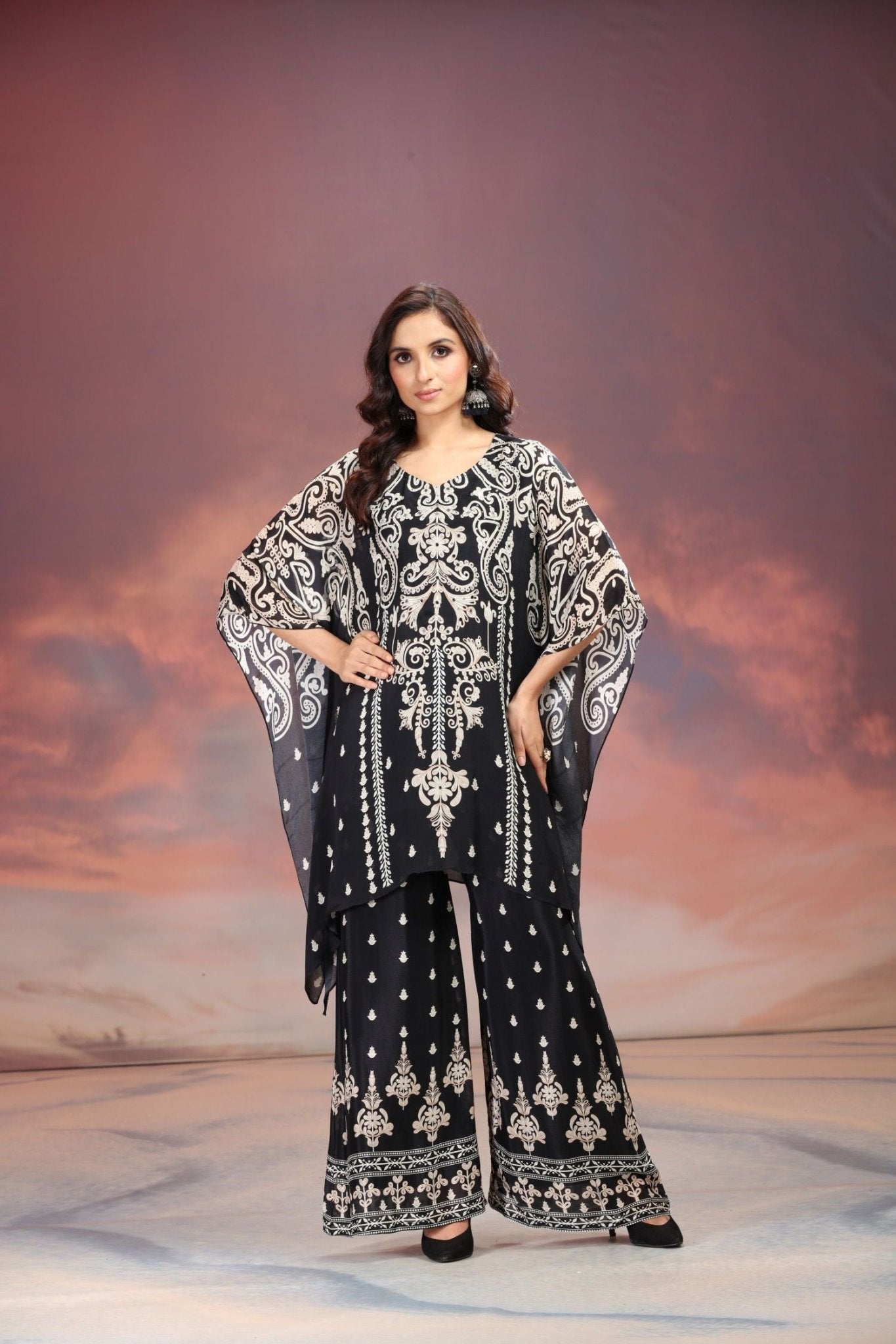 Black Sharara-Style Two-Piece Cord Set with Detailed Embroidered Design - Freyaa USA & Canada
