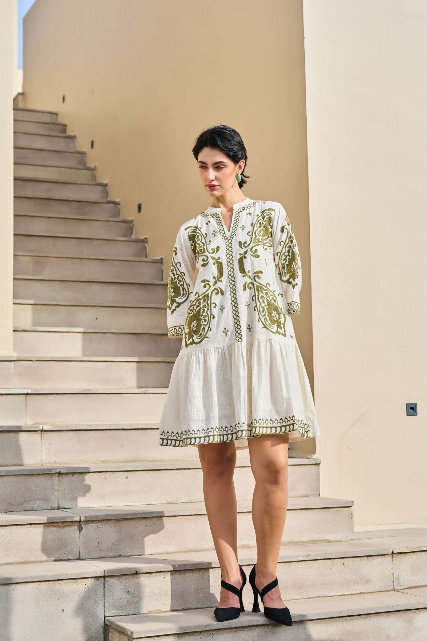 Modern Cream Tunic Accented with Green Thread Work - Freyaa USA & Canada