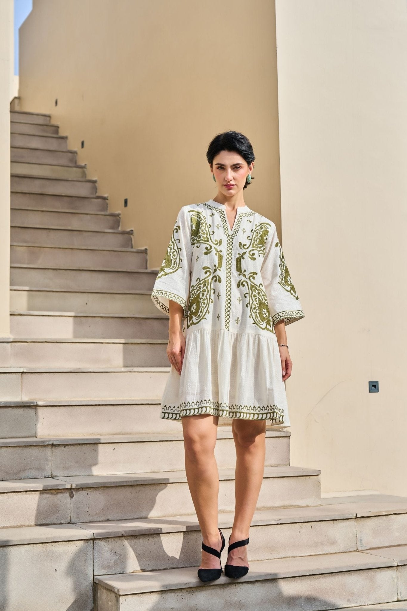 Modern Cream Tunic Accented with Green Thread Work - Freyaa USA & Canada