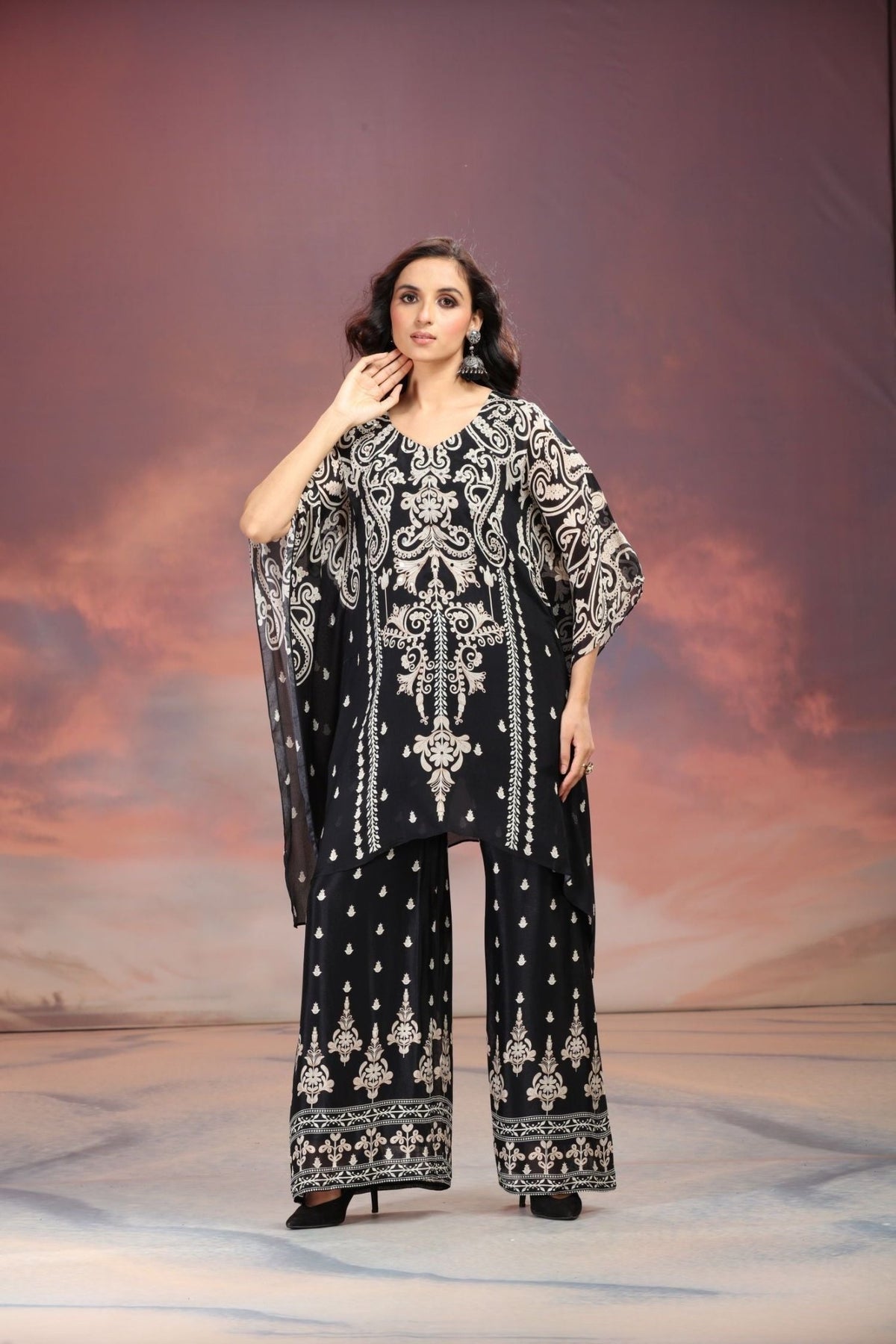 Black Sharara-Style Two-Piece Cord Set with Detailed Embroidered Design - Freyaa USA & Canada