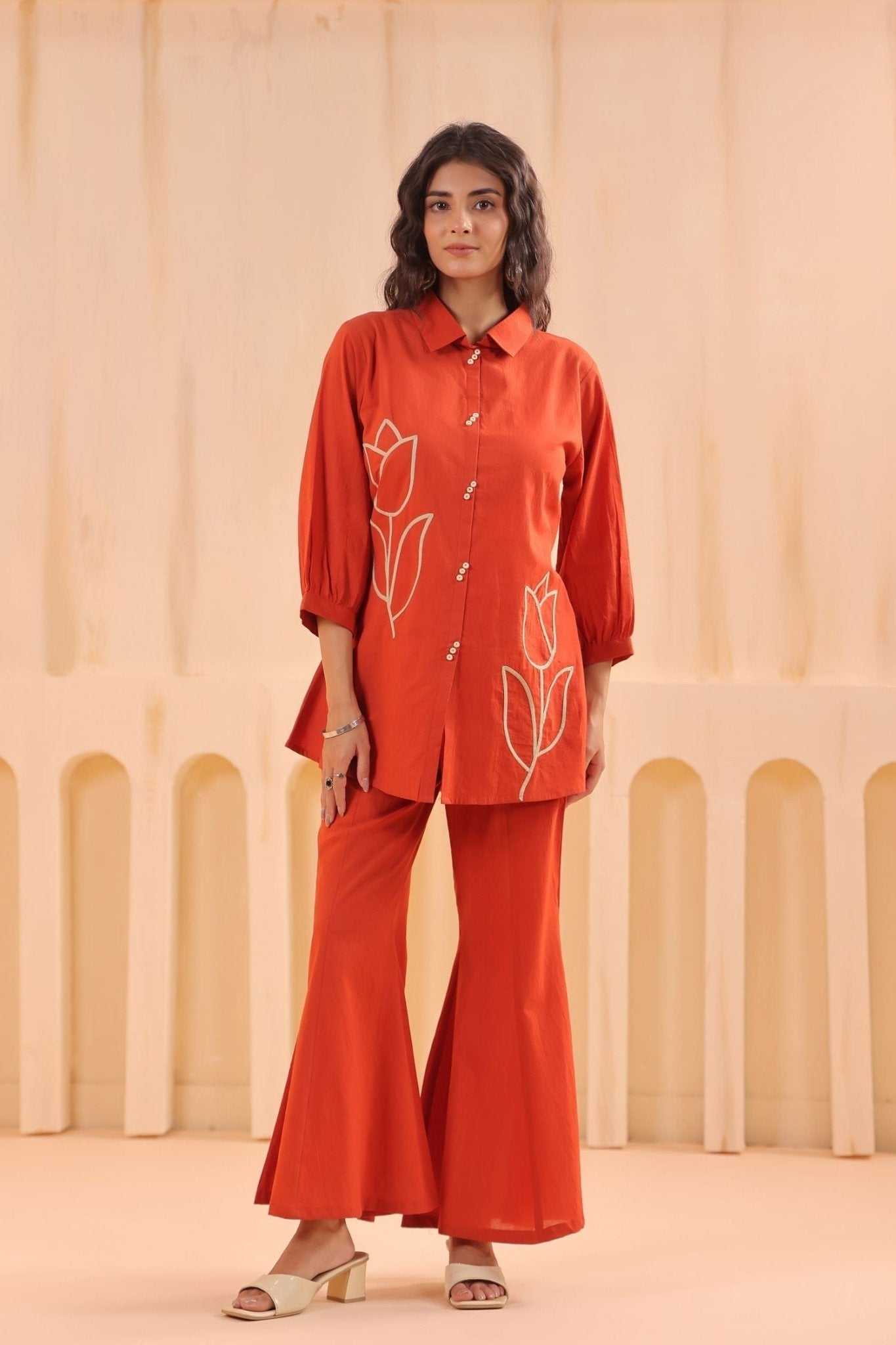 Rust Embroidered Top with Bell Bottom Cord Set - Freyaa USA & Canada
