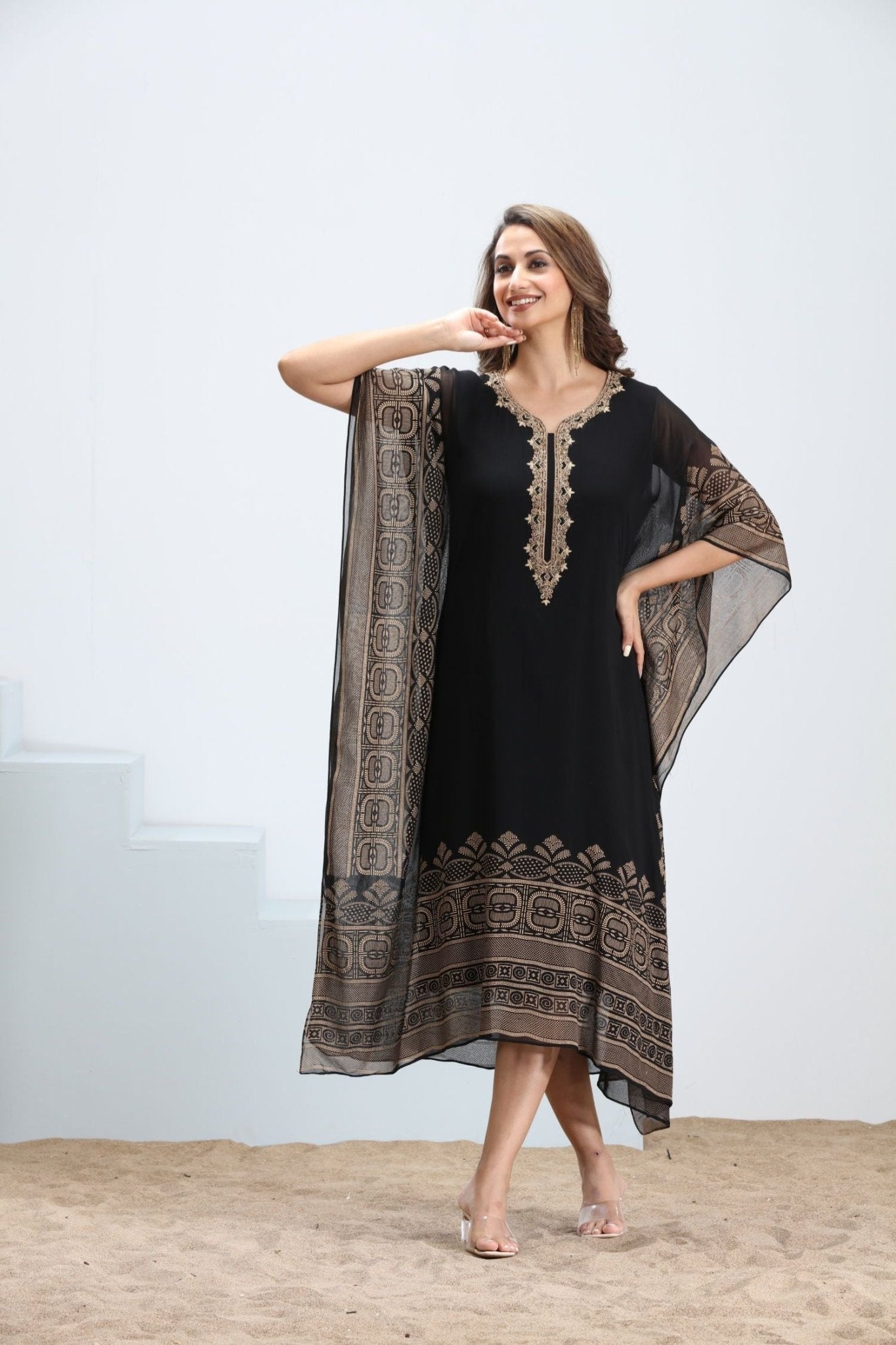 Golden Grace Viscose Embroidered Kaftan - Freyaa USA & Canada