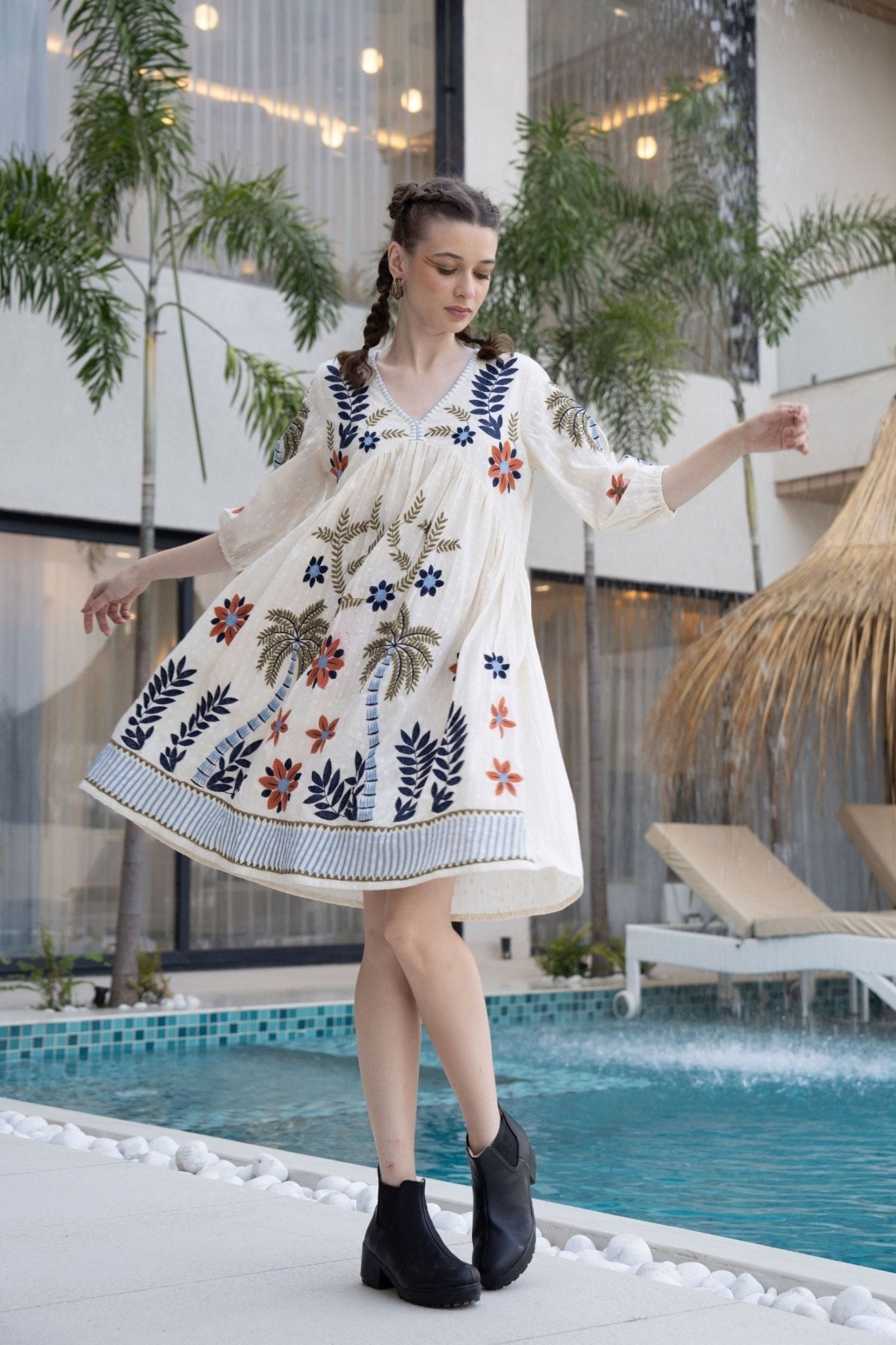 Cream Tunic with Beautiful Floral Thread Work - Freyaa USA & Canada