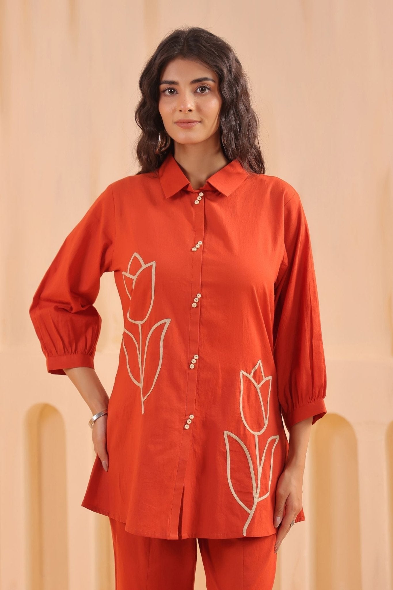Rust Embroidered Top with Bell Bottom Cord Set - Freyaa USA & Canada