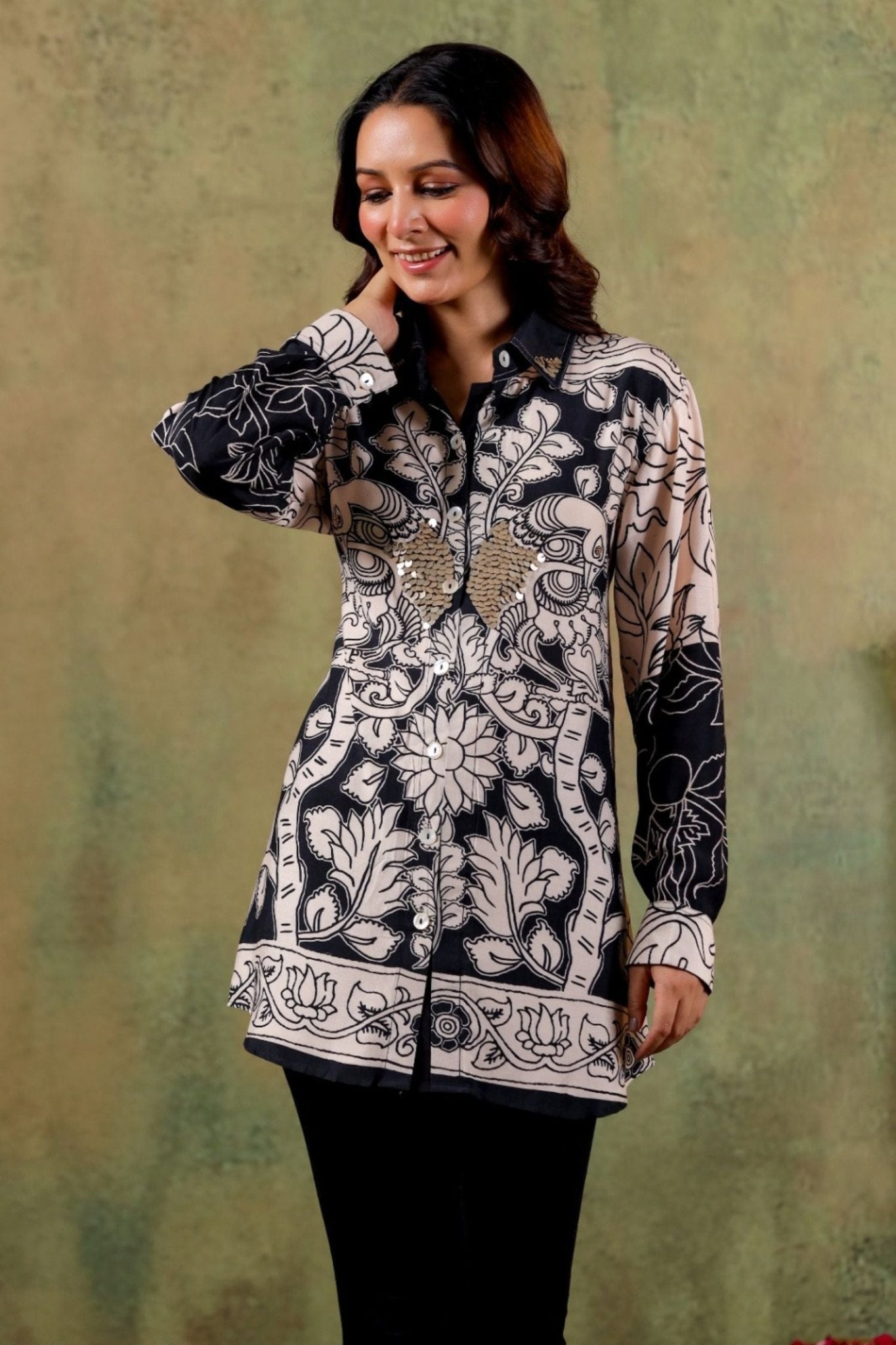 Premium Cream Sequin Embellished Printed Shirt - Freyaa USA & Canada