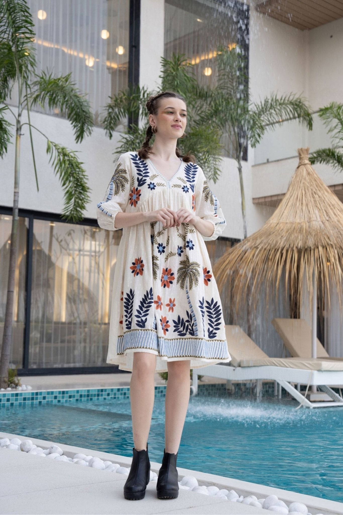 Cream Tunic with Beautiful Floral Thread Work - Freyaa USA & Canada