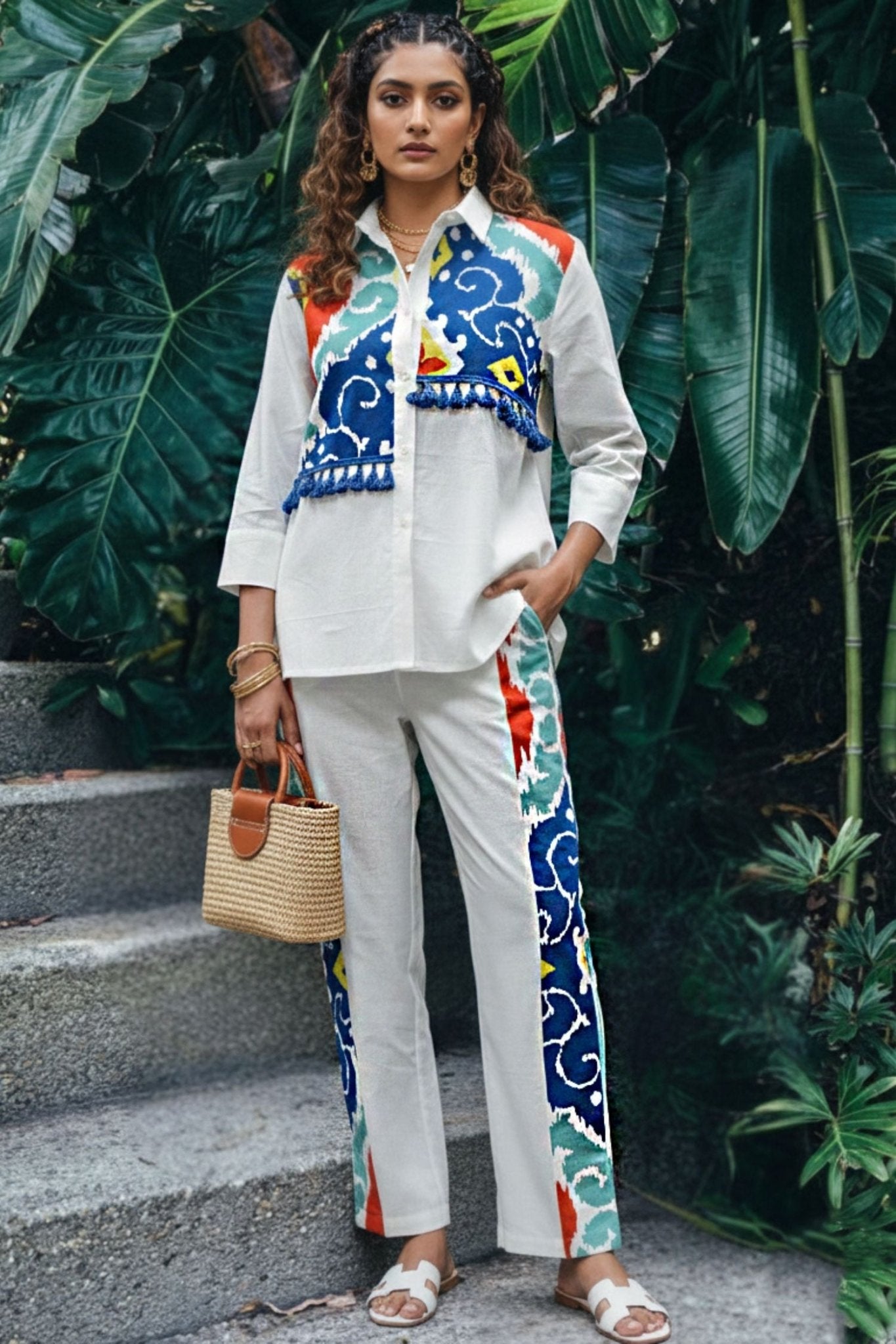 White Cotton Co-ord Set with Ikat-Inspired Panel Design & Shirt Collar - Freyaa USA & Canada