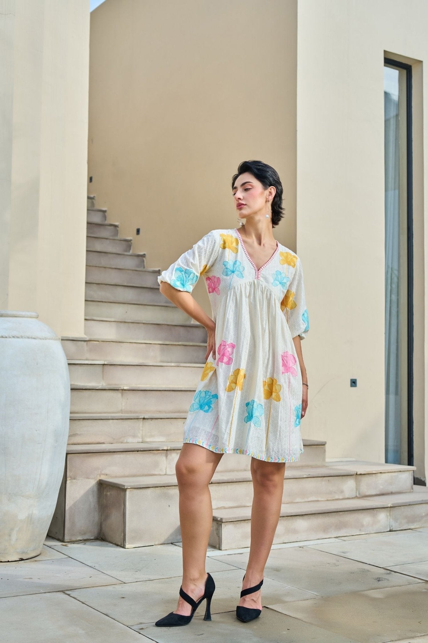 Elegant Tunic Featuring Vibrant Mix-Color Floral Embroidery - Freyaa USA & Canada