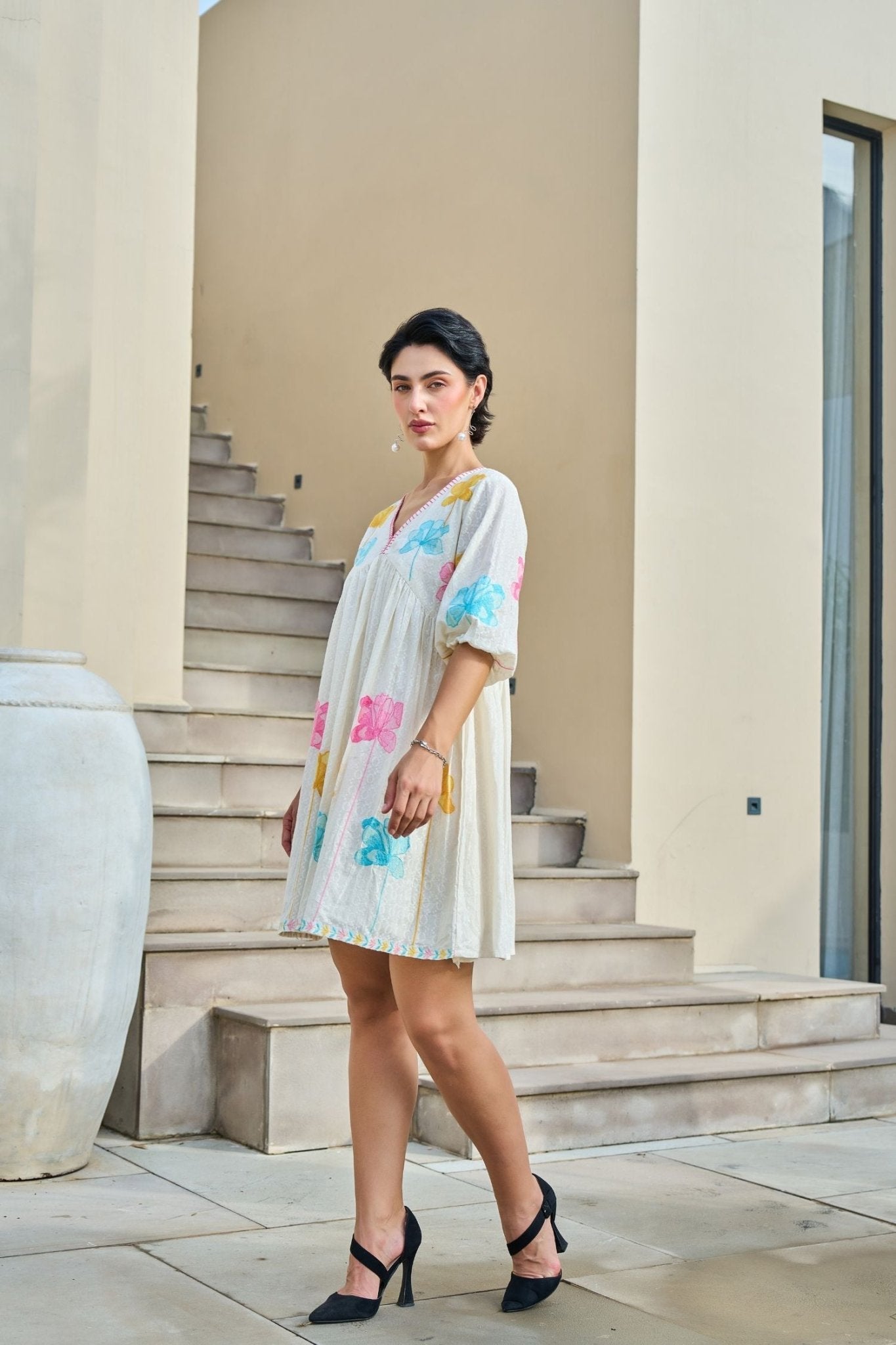 Elegant Tunic Featuring Vibrant Mix-Color Floral Embroidery - Freyaa USA & Canada