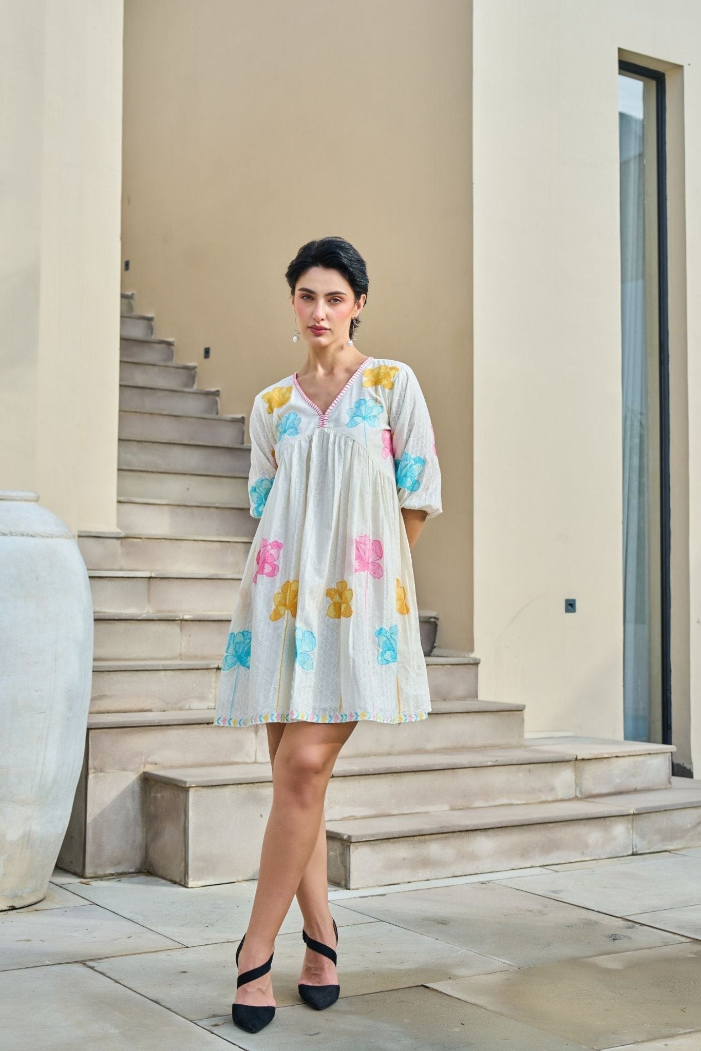 Elegant Tunic Featuring Vibrant Mix-Color Floral Embroidery - Freyaa USA & Canada