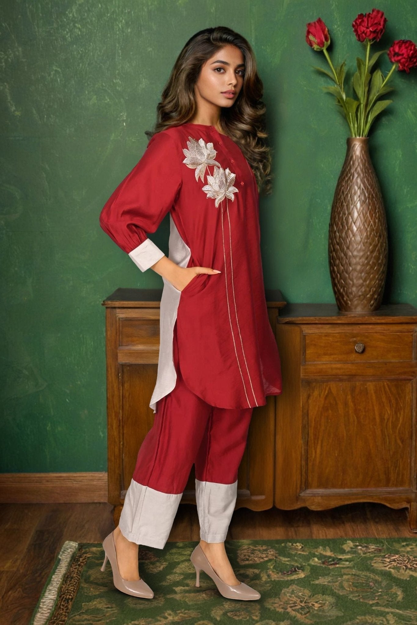 Elegant Maroon Cord Set Featuring Beautiful Flower Patch Detailing - Freyaa USA & Canada
