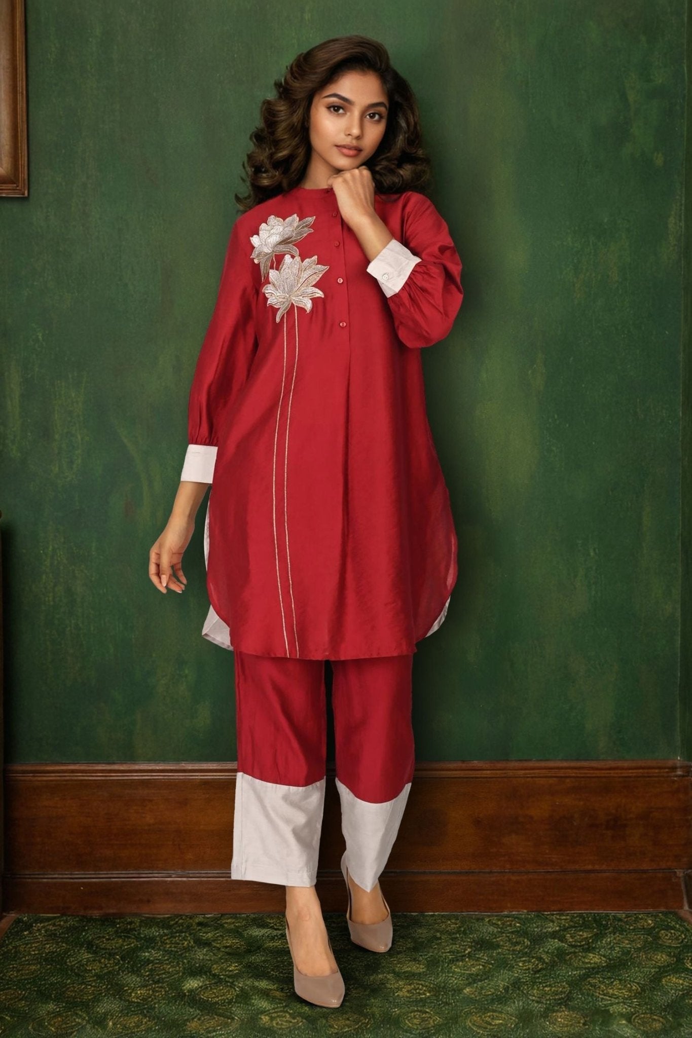 Elegant Maroon Cord Set Featuring Beautiful Flower Patch Detailing - Freyaa USA & Canada