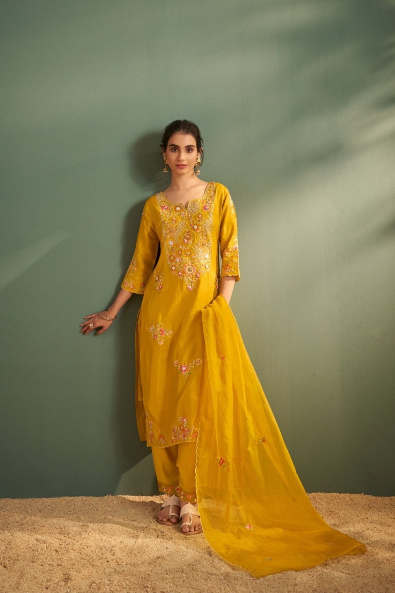 Mustard Straight Kurta Set with Detailed Neck Embroidery & Dupatta - Freyaa USA & Canada